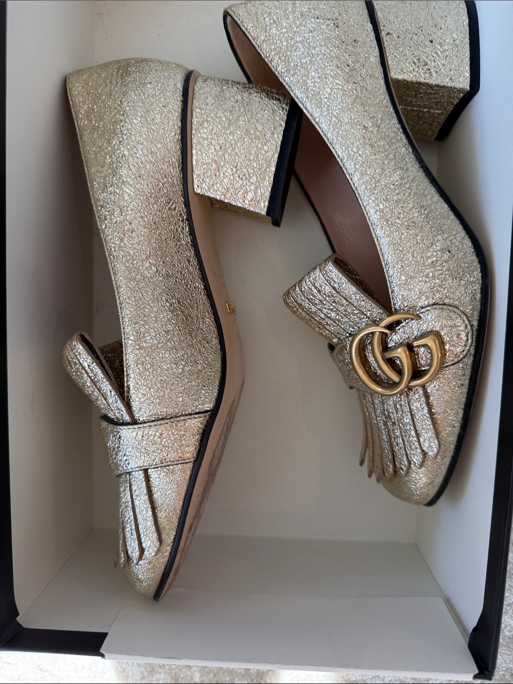 Gucci Metallic Gold Fringe Block Heel Loafers - Picture 2 of 4